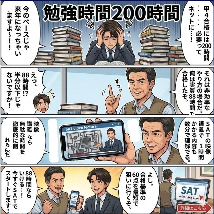 消防設備士 甲種4類合格するための勉強時間について説明する4コマ漫画
