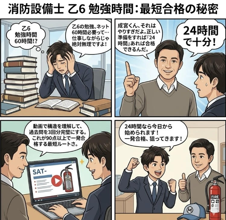 消防設備士 乙6の勉強時間について解説する4コマ漫画