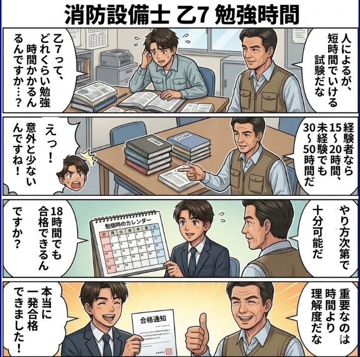 筆者M起業設備士が、新人・成宮に、消防設備士 乙7の勉強時間について説明している4コマ漫画