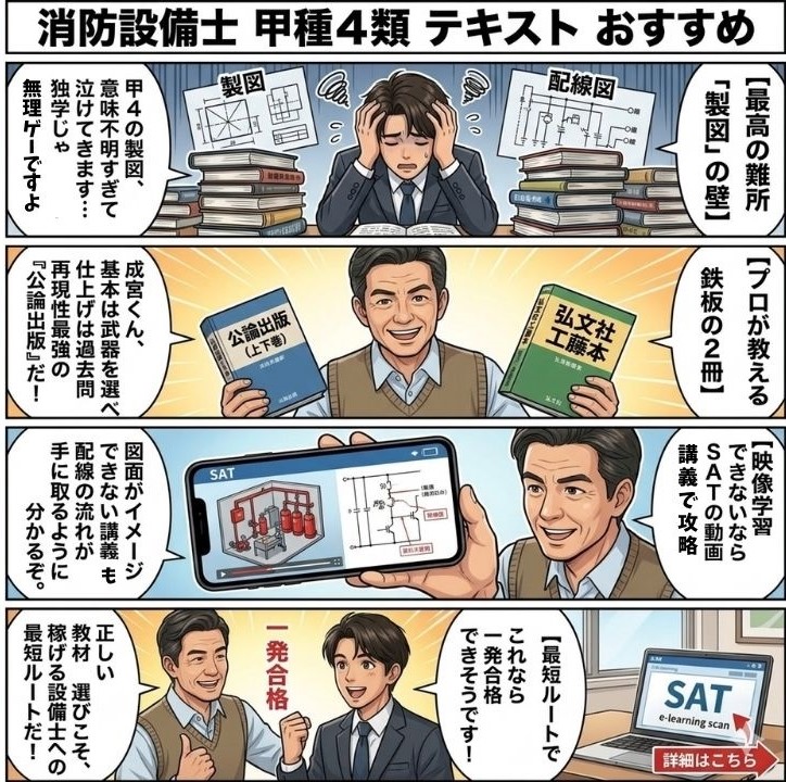 消防設備士 甲種4類テキストのおすすめについて解説する4コマ漫画