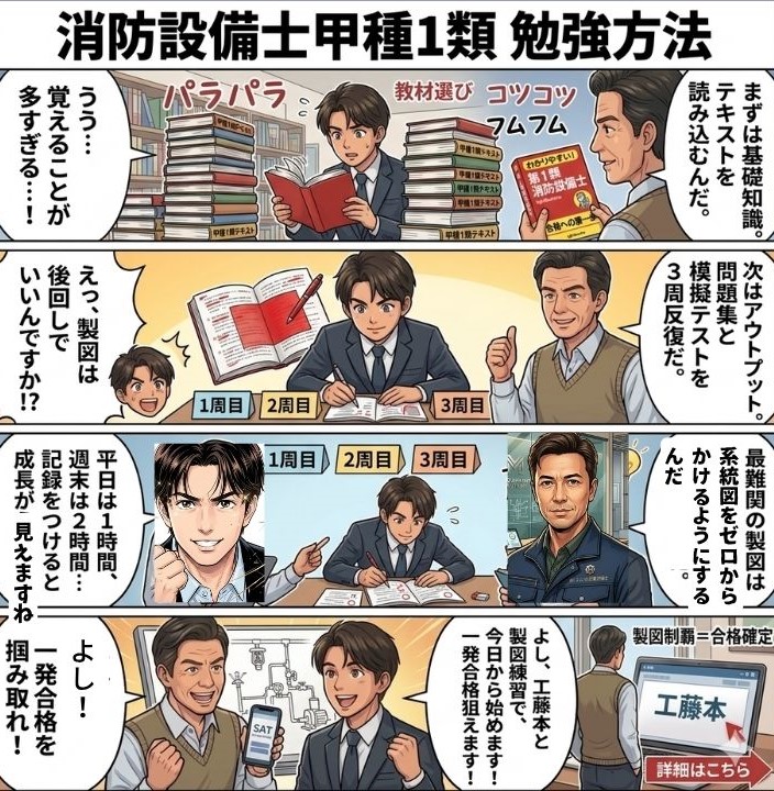 M起業設備士が新人成宮に消防設備士甲種1類の勉強方法を教えている4コマ漫画
