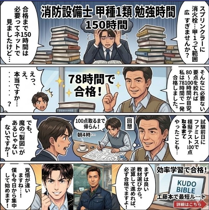 筆者M起業設備士が新人成宮に消防設備士甲種1類の勉強時間について説明している4コマ漫画