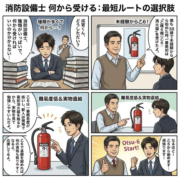 消防設備士は何から受けるかを解説する4コマ漫画