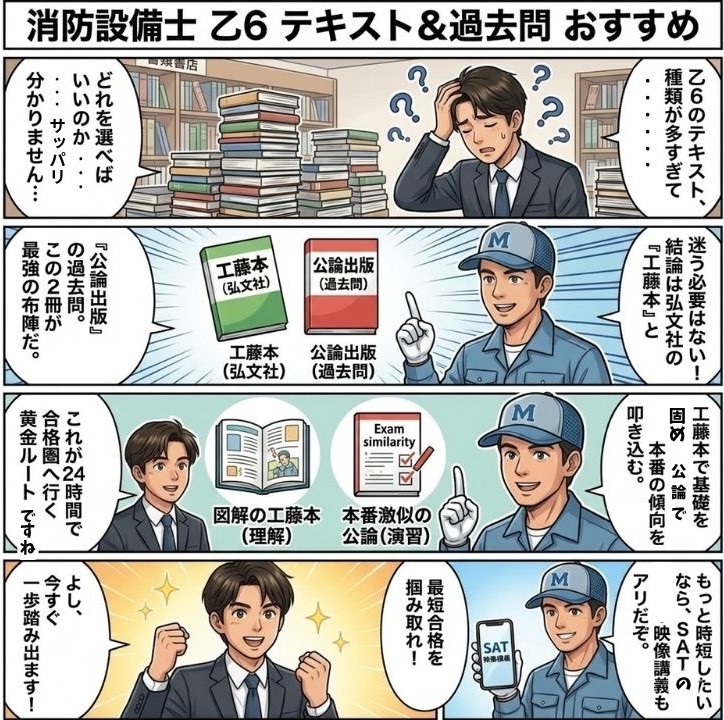 消防設備士 乙6 テキスト・過去問 おすすめ決定版を説明する4コマ漫画