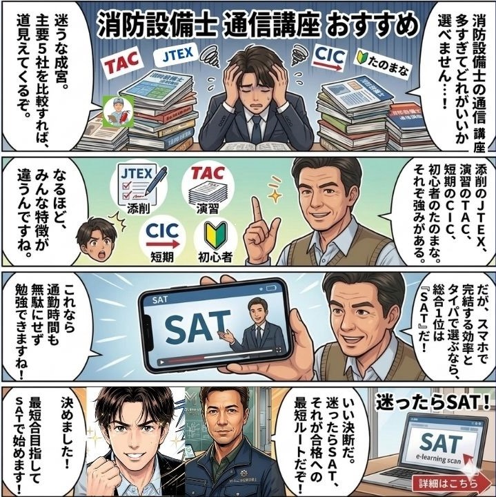 M起業設備士が、新人成宮に、消防設備士の通信講座おすすめを説明している4コマ漫画
