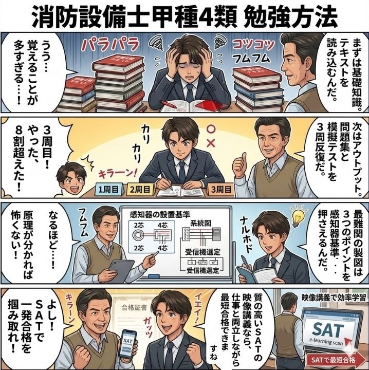 消防設備士 甲種4類の勉強法を説明している4コマ漫画