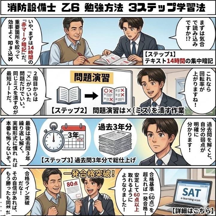 消防設備士 乙 6の勉強方法（3ステップ学習法）を説明している4コマ漫画