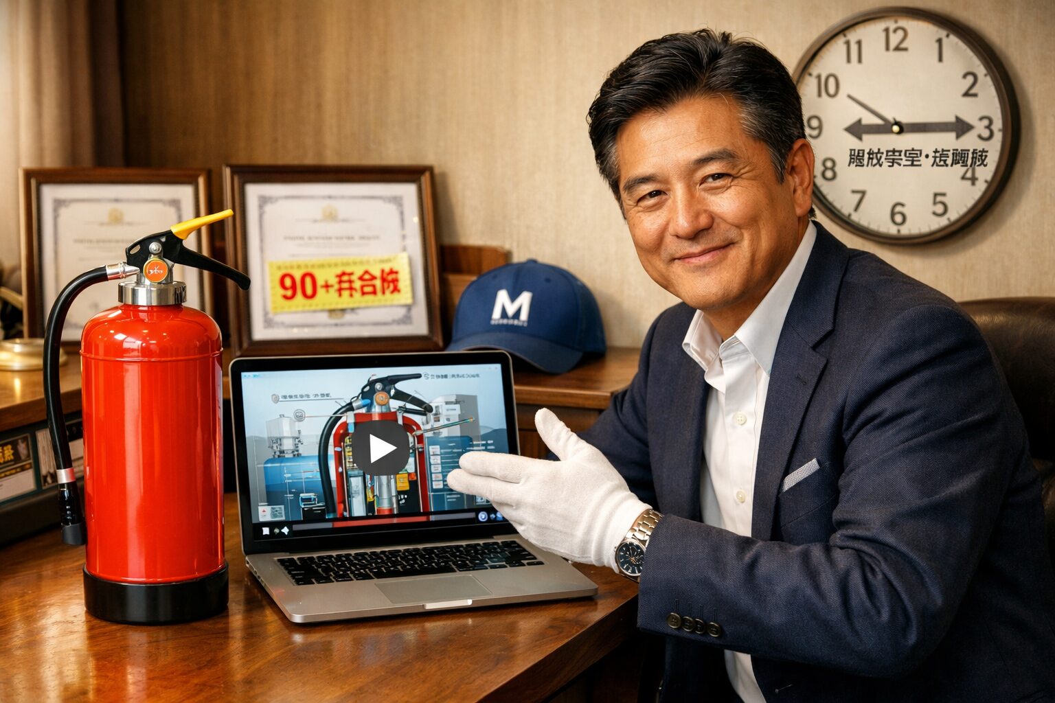 消防設備士 乙6の実技試験対策として、デスクのラップトップ画面でSATの映像学習を紹介するプロ設備士M