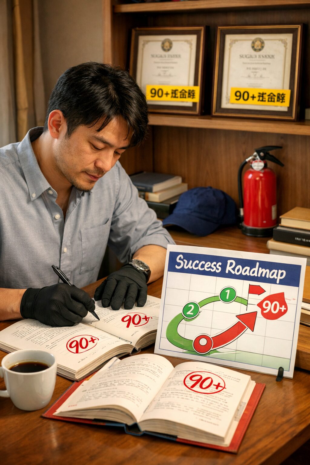 消防設備士 乙6 勉強時間について、デスクでテキストと問題集に向かい高得点をマークするプロ設備士M