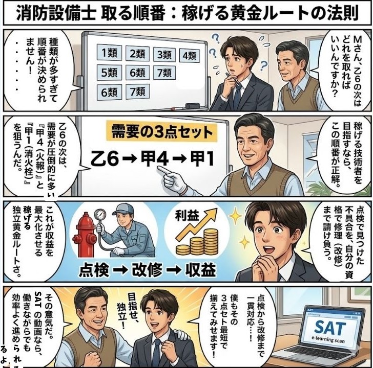消防設備士を取る順番で迷う新人に、プロが黄金ルートを伝授する4コマ漫画