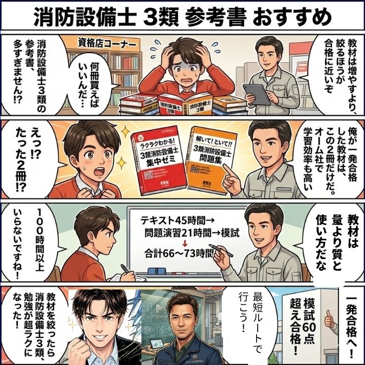 M起業設備士が、やる気に満ちた社員・成宮に、消防設備士3類のおすすめ参考書を説明している4コマ漫画