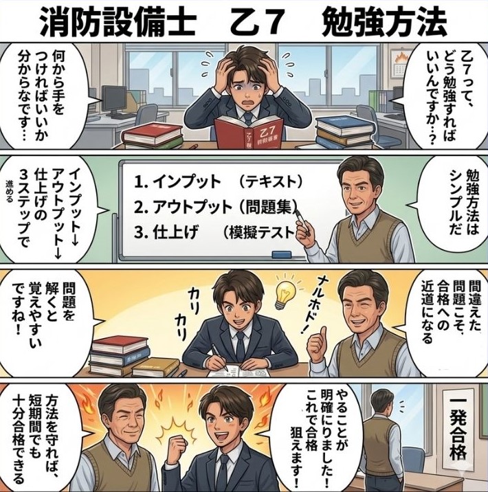 M起業設備士が新人成宮に、消防設備士乙7の勉強方法について説明している4コマ漫画